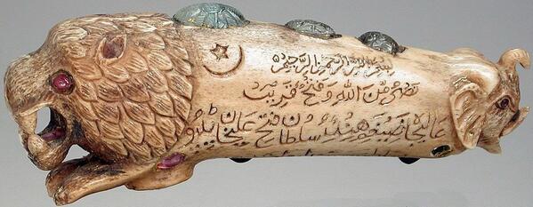indiainpix's tweet photo. This handle of Tipu Sultan's cane was made (~1783) of antler &amp; like most things Tipu, features a tiger. Inscription=? http://t.co/MRu3jV23dE