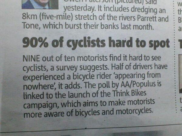 rbrwr's tweet photo. "9/10 motorists find it hard to spot cyclists" isn't quite the same as "90% of cyclists hard to spot" [Metro] http://t.co/jH2icXDyvG