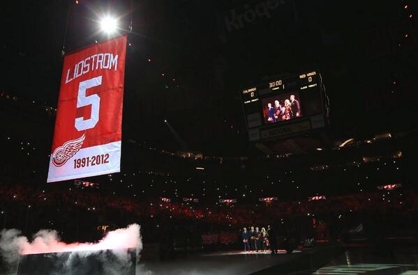 NHL's tweet photo. ICYMI: @DetroitRedWings raised Nicklas Lidstrom's #5 to the rafters in Joe Louis Arena. Watch: http://t.co/KvVOjQBhyJ http://t.co/seFiAhFIeg