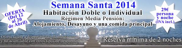 Hotel_Costamar's tweet photo. OFERTA SEMANA SANTA 2014(12-20/Abril):29€(IVA incl.)persona y noche (mín. 2 noches).Régimen MP.Hab.doble o individual http://t.co/zin1rYvT0Q