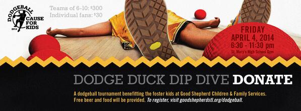 #Dodgeball Cause for Kids 21+ Tourney on Fri, April 4- looking for ballers &amp; volunteers! goodshepherdstl.org/dodgeball