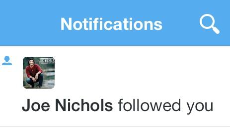 LexiSavard's tweet photo. Words can't even explain how excited I am that @JoeNichols followed me ☺️ #MyIdol http://t.co/QkCJLXNpYa