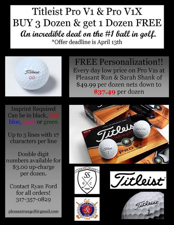 FREE Pro V1's....
Call today to order your Titleist Pro V1's,
317-357-0829