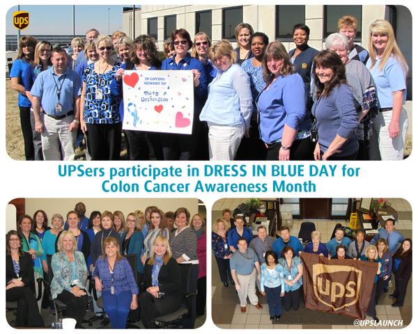 UPSAirlines's tweet photo. Air Group UPSers are participating in #DressinBlueDay for Colon Cancer Awareness Month. Are you wearing blue today? http://t.co/WZf2I02bfC
