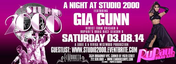 NYCTopPro's tweet photo. THIS SATURDAY EXCLUSIVE !!! LIVE PERFORMANCE BY GIA GUNN FROM RUPUAL"S DRAG RACE SEASON 6 CALL 1212 939 0909 http://t.co/EFmEBVnHne