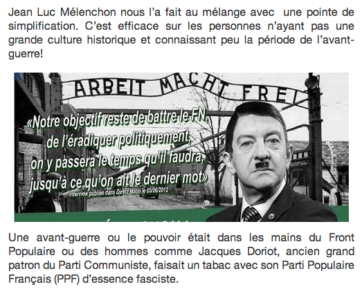 Alkanz's tweet photo. En 2014 c'est passé crème: Mélenchon en Hitler dans un article de Gérard #Brazon, candidat #FN http://t.co/xbZGDbPTj9 http://t.co/05WRlmkO2h