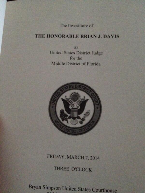 RonnieKing's tweet photo. Congrats to the Honorable Brian Davis on his appointment to U.S. District Judge for Middle District of Florida. http://t.co/pLQi7A804m