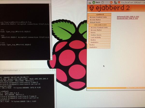 loretoparisi's tweet image. Done! Finally running @ProcessOne #ejabberd on my little @Raspberry_Pi powered by #Erlang #whatsapp pi