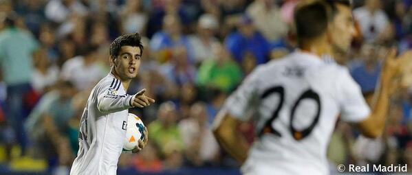 realmadrid's tweet photo. .@AlvaroMorata marcó su primer gol en la Liga frente al Levante http://t.co/jBdo7SH5SZ #RealMadridLevante http://t.co/LqDxZXjXpL