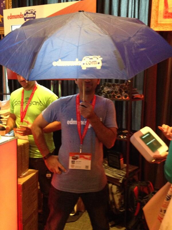 edmunds's tweet photo. #SXSW-ers! We're giving out umbrellas in the #CMlounge to keep you dry! Also spot the #sxswcarhead for more swag http://t.co/3TVLrEsZ2M
