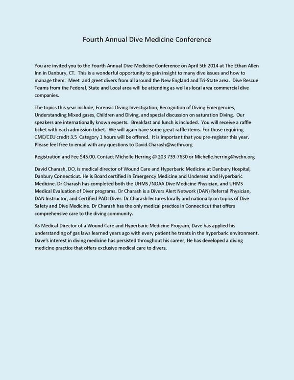 mfolan's tweet image. Fourth Annual Dive Medicine Conference April 5th 2014 Ethan Allen Inn, Danbury, CT.. Great Topics.. Great Speakers.