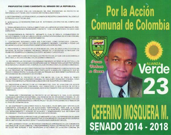 CeferMosquera's tweet photo. VOTA ESTE 9 DE MARZO CEFERINO MOSQUERA 23 EN EL TARJETON ALIANZA VERDE. http://t.co/xlrjeePnyO