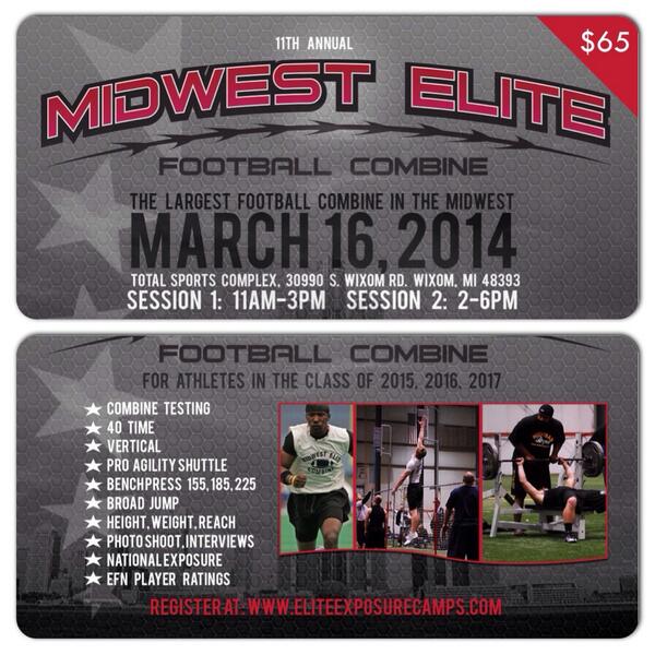 MiEliteFball's tweet photo. The largest and longest running Combine in the Midwest. http://t.co/AbN5S3PSNz #EFN #Scout #247Sports #verified http://t.co/QBCm6y1bBx