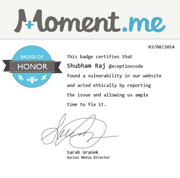 Badge of Honor from <a href="/Moment_me/">Moment.me</a> - atleast what they called it =))  #random