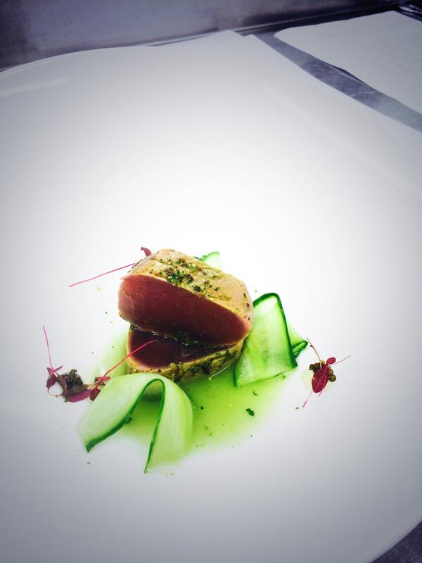 ExecChefFoxhill's tweet image. Yellow fin tuna loin, wasabi purée, Oscietra caviar and cucumber essence. @FoxhillsSurrey #food #Surrey