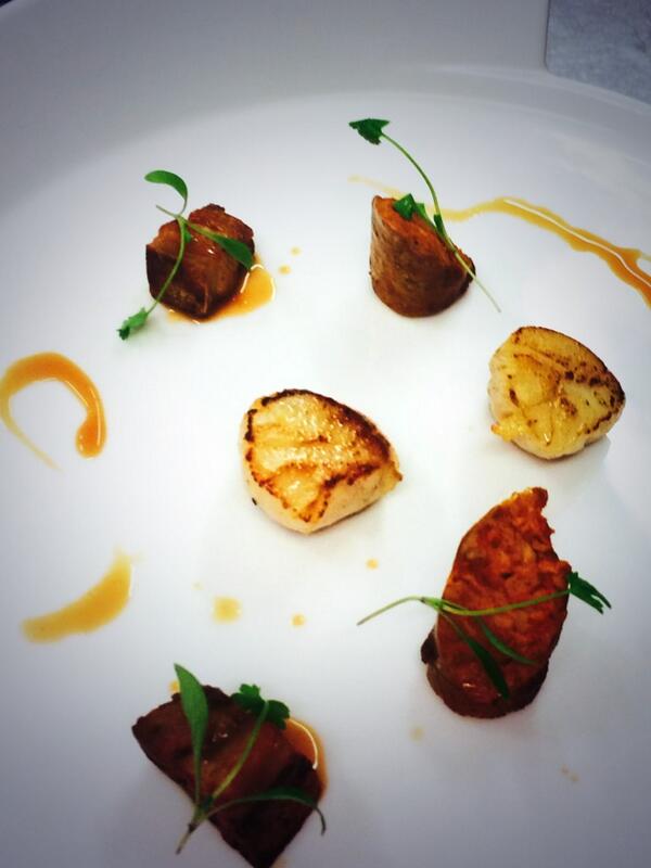 ExecChefFoxhill's tweet image. Isle of Skye pan seared scallops, home made chorizo, confit pork belly, spiced orange reduction. @FoxhillsSurrey