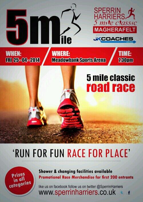 Our 5Mile Classic RR sponsored by @JKCOACHES takes place on FRIDAY 25 April starting at 7.30pm. Please RT