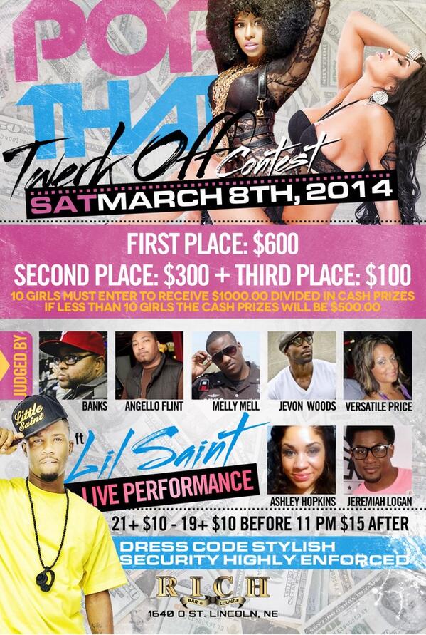 KBgrindstone's tweet photo. TONIGHT at Rich Bar and Lounge...Pop That Twerk-Off Contest is taking over Lincoln. http://t.co/H0d69IhYyZ
