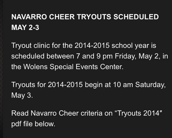 cheertalk's tweet photo. #navarrocheer tryouts May 2&amp;3.  Check requirements now!!! http://t.co/IUWz6LopZ9 http://t.co/d1TpTNycvD