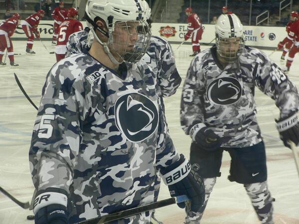 OnwardStSports's tweet photo. Penn State will wear these blue &amp; white camo uniforms tonight for Military Appreciation Day http://t.co/wq3NnmykaO