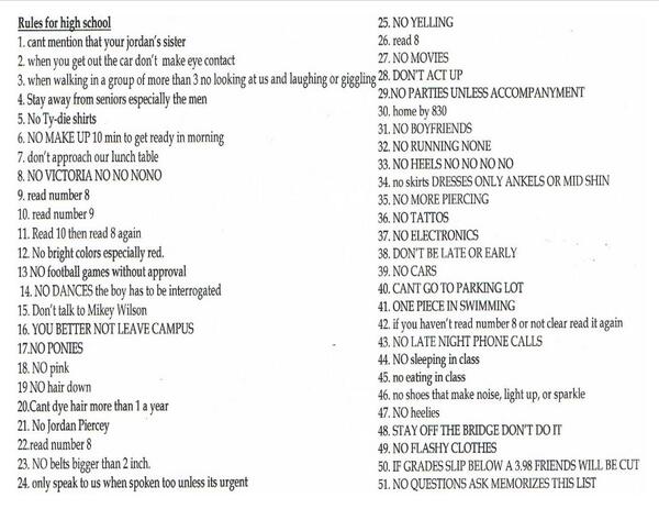 BasicallyIDoWrk's tweet photo. When one of my best friends sister was joining us at high school we made her this list of rules http://t.co/EJFuBf5WRt