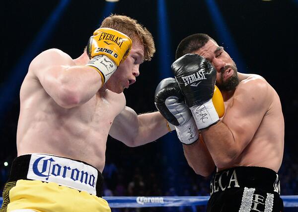 SportsCenter's tweet photo. IT'S OVER! Canelo Alvarez defeats Alfredo Angulo by TKO in 10th round of super welterweight bout. http://t.co/i1JW0xZ8oV