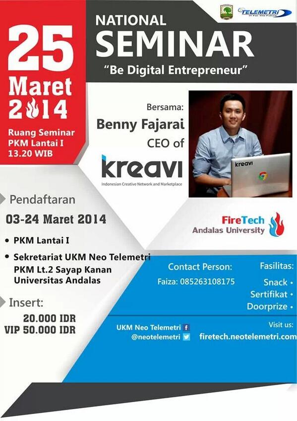 infoSumbar's tweet photo. #FireTech Seminar Nasional "Be Digital Entrepreneur" dg Benny Fajarai | 25 Mar @ PKM Unand | @Neotelemetri http://t.co/AaVg7rM6iq