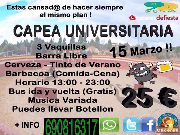 sergioqhRRPP's tweet photo. CAPEA CACERES !!
Musica barra libre comida vaquillas chicas chicos 🎶🍖🍻🍻 🐮🐮👫🎉🎉
Por solo 25€ @CapeasCaceres http://t.co/4iNG2iRiOV