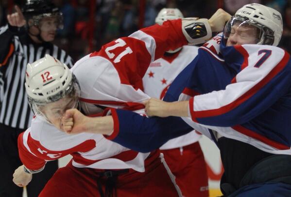 Go_Spits_Go's tweet photo. @DaxMelmer @winstarparker Nice action / fight pic! Hughes gets the best of Karterud in 2nd period http://t.co/AoWy6lZjTI
