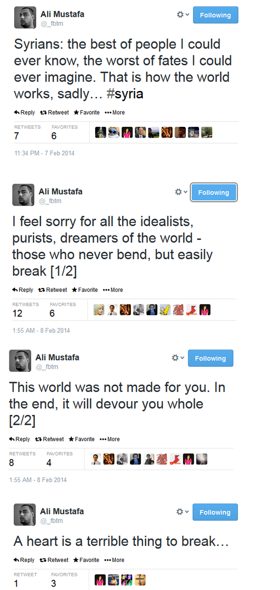 mosaaberizing's tweet photo. RIP @_fbtm, killed with 9 Syrians today in an airstrike in Aleppo. A dedicated dreamer and kind-hearted idealist. http://t.co/hUfWGqAtht