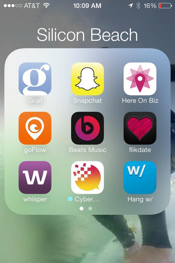#SiliconBeach; <a href="/GetGrail/">Grail</a> <a href="/Snapchat/">Snapchat</a> <a href="/HereOnBiz/">Here On Biz</a> <a href="/goFlowApp/">Goflow</a> <a href="/WhisperApp/">Whisper</a> @Flikdate <a href="/BeatsMusic/">Beats Music</a> <a href="/HangWith/">Hang w/</a> @CyberDustApp