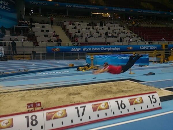 WIC are closed. Our volunteer also wanted to be like World Indoor Champion. Close enough ;) #Sopot2014 #fun