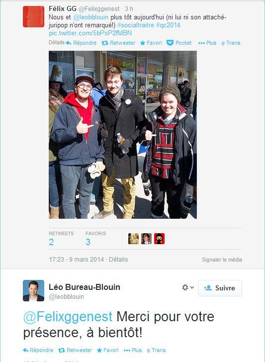 Quand vient le temps de remercier ses "fans", Léo Bureau-Blouin est pas trop regardant. #Qc2014
