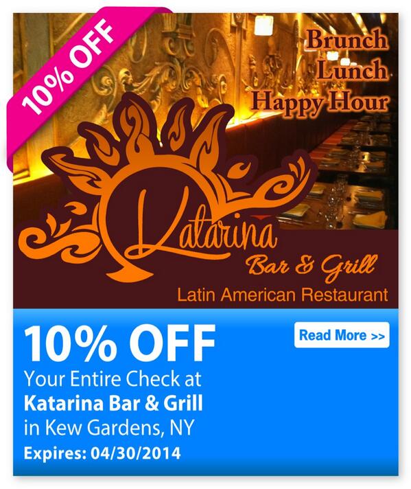 718coupon's tweet photo. http://t.co/7yf7FuxEdU #katarinabarandgrill #latinamericanrestaurant #kewgardens http://t.co/UzQlBERjJd