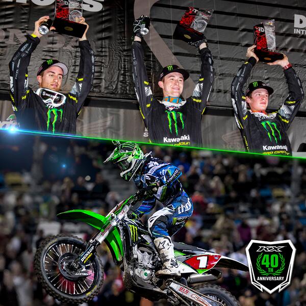 KawasakiUSA's tweet photo. Kawasaki owns the podium in Daytona: PC sweeps and RV goes wire-to-wire on KX, The Bike That Builds Champions. http://t.co/HBdQB6LWdF