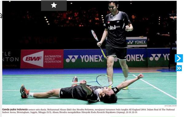 kompaskampus's tweet photo. Ganda putra Indonesia menjuarai turnamen bulu tangkis All England 2014. Bangga! :) #SimakKompas http://t.co/2QcBXT0wZe