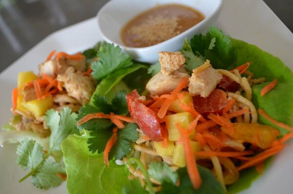 XtineMar's tweet photo. Pineapple sesame chicken lettuce wraps w/ peanut dipping sauce. Fast, healthy weeknight meal. #inadinners http://t.co/lhLoI6APCt
