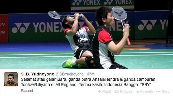 BadmintonINDO's tweet photo. RT @liputan6dotcom: SBY Ucapkan Selamat Atas Keberhasilan Indonesia di All England. http://t.co/jpl5yEzhJP http://t.co/zjs1IYEO3f
