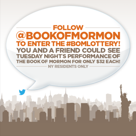 BookofMormon's tweet photo. RT &amp; follow to enter the Broadway #BOMLottery for TUES 3/11! Don't miss out on $32 tix! 🗽 NY residents only http://t.co/3wM0qiQW83