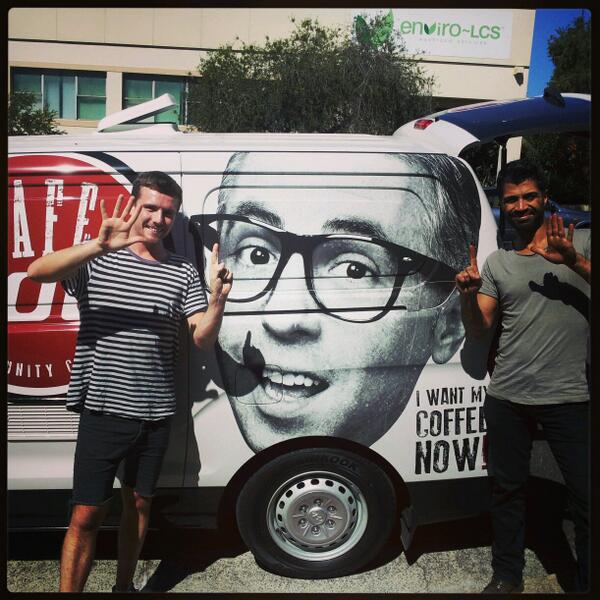CafeNowAu's tweet photo. Jamie and Oscar from @NumeroUnoCoffee helping Trevor countdown to @CafeNowAu official launch #6daystogo http://t.co/BE6buHAUFm