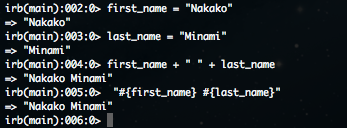 terminal_cmd's tweet image. ［Rubyの文法］( 5 )
文字列を組み立てる他の方法として
補間子による式展開 (interpolation)というものがあり、
#{}という特殊な構文を使用します。
画像の一番最後に書いたコマンドがそちらです♩