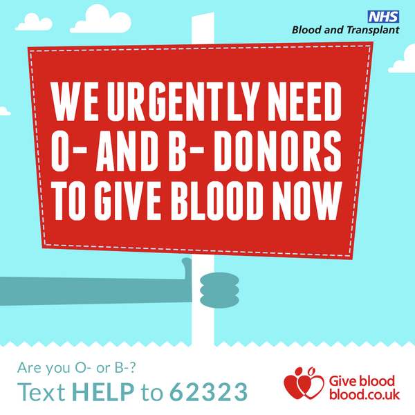GiveBloodNHS's tweet photo. Are you B- or O-? We urgently need your help. Please Text HELP to 62323 to book 
an appointment! http://t.co/EEvwaCT5gm