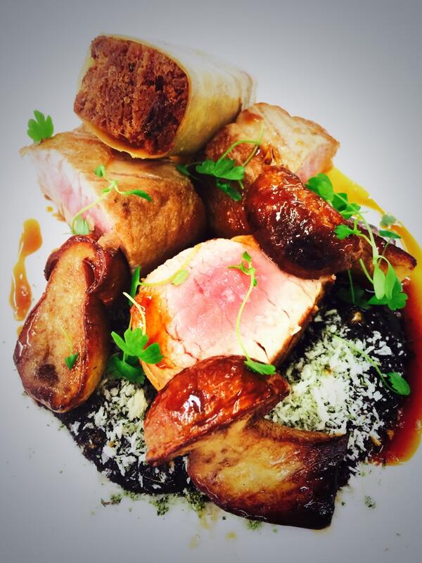 ExecChefFoxhill's tweet image. Loin of Lydling pork, slow roasted pork shoulder, black currant crumble, cep and red wine jus. @FoxhillsSurrey