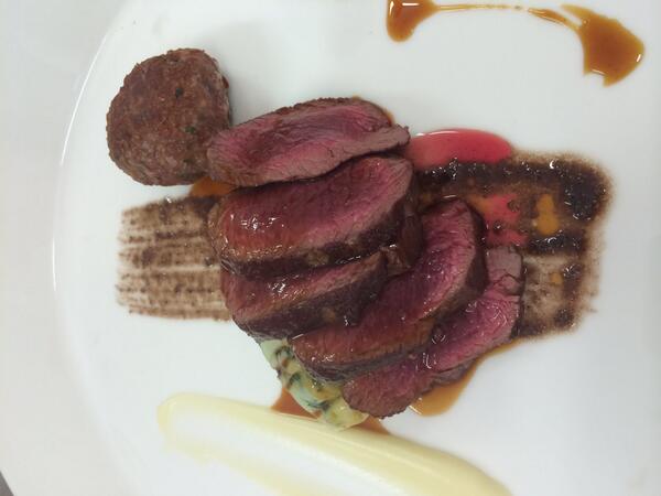 ExecChefFoxhill's tweet image. Pan seared venison, bubble &amp;amp; squeak, truffled parsnip puree, smoked bacon faggot @FoxhillsSurrey #food #surrey