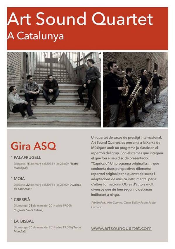 AdrianPaisabuin's tweet photo. Comienza nuestra gira por Cataluña! 15,22,23,30 de Marzo! @ArtSoundQuartet @JMCatalunya @Cuencasax @CamaraPedroP http://t.co/ShSKHJXe9U