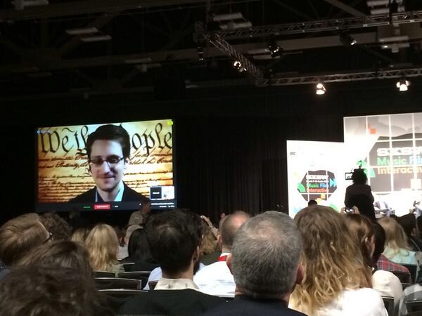 NoCrusts's tweet photo. Via google and 7 proxies, Edward Snowden at #sxsw http://t.co/YkOUlgeiu8