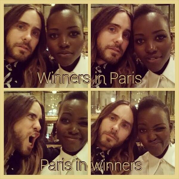 FlyyGirlOnline's tweet photo. Love this #selfie! @Lupita_Nyongo & @JEREDLETO - #FlyyGirl & #FlyyGuy #Oscars2014 winners in #Paris ;) http://t.co/AEBuUA0ty1
