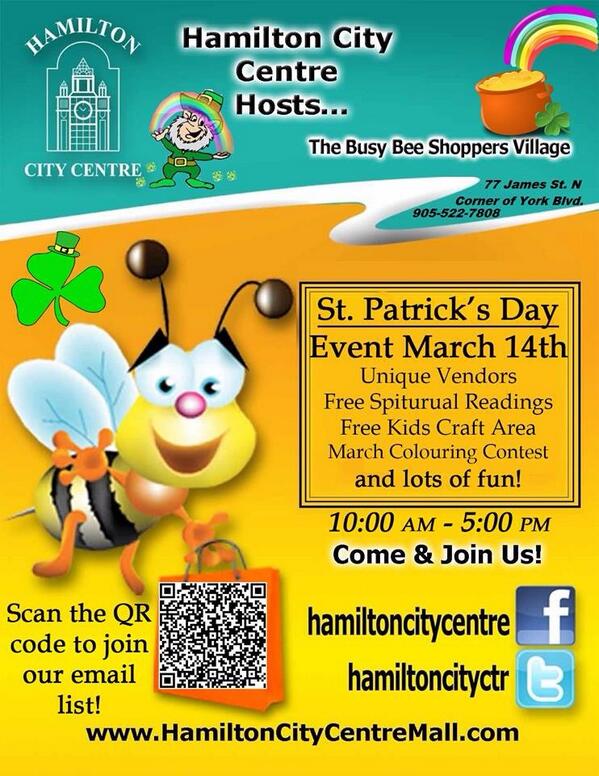 Join us for our #StPatricksDay Busy Bee Shoppers Village Event on Friday March 14th! #HamOnt #Fun