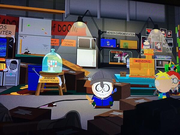 TroughtonRadio's tweet photo. Made it to the ProfessorChaos lair headquarters of doom uh oh @SouthPark! #TSOT http://t.co/rmFRopS4Zz