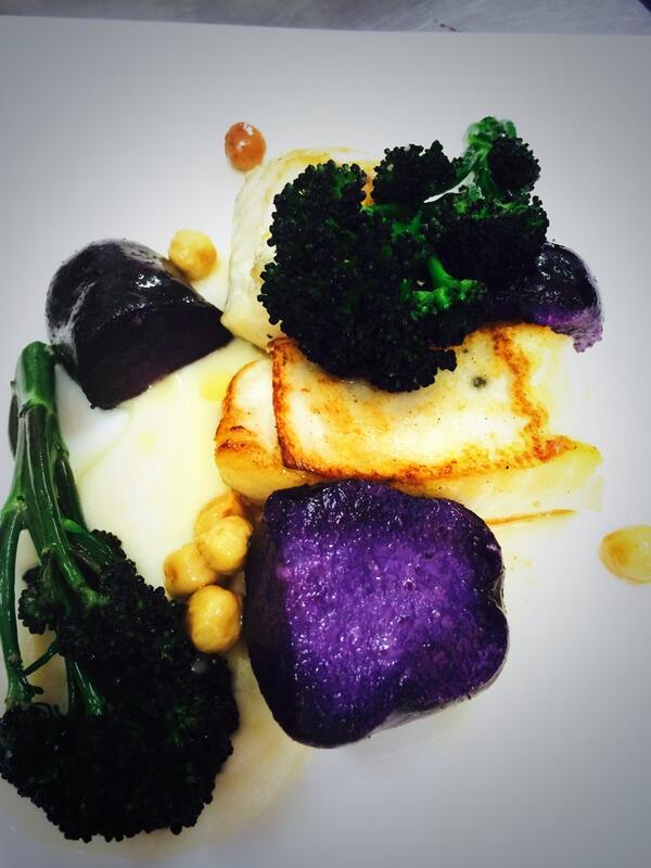 ExecChefFoxhill's tweet image. Scottish halibut, purple potato, celery root purée, sprouting broccoli, toasted hazelnuts @FoxhillsSurrey #food